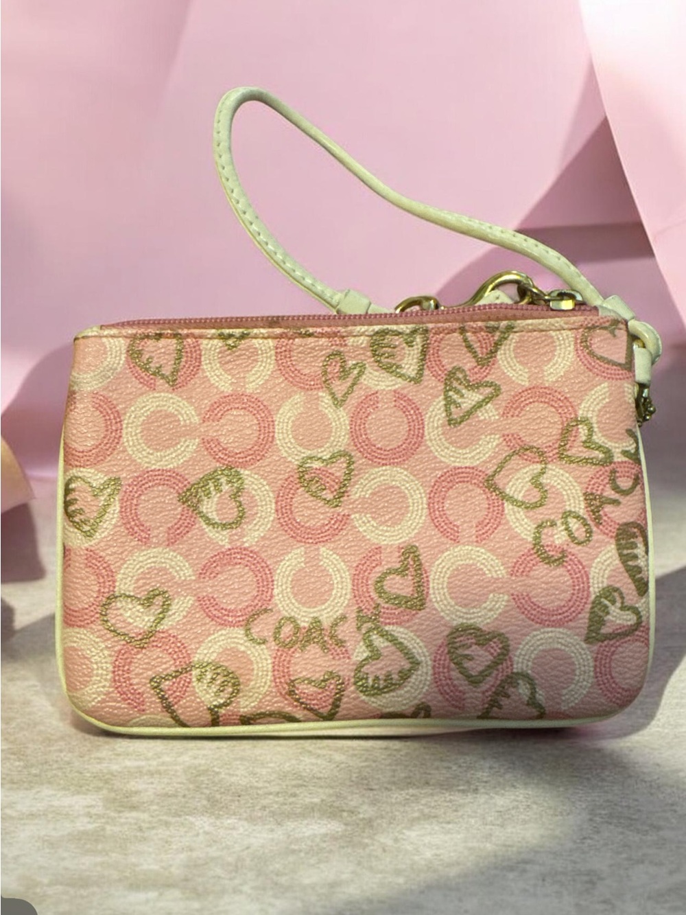 Coach Pink Signature Heart Wristlet with Gold Accent - Picture 2 of 5